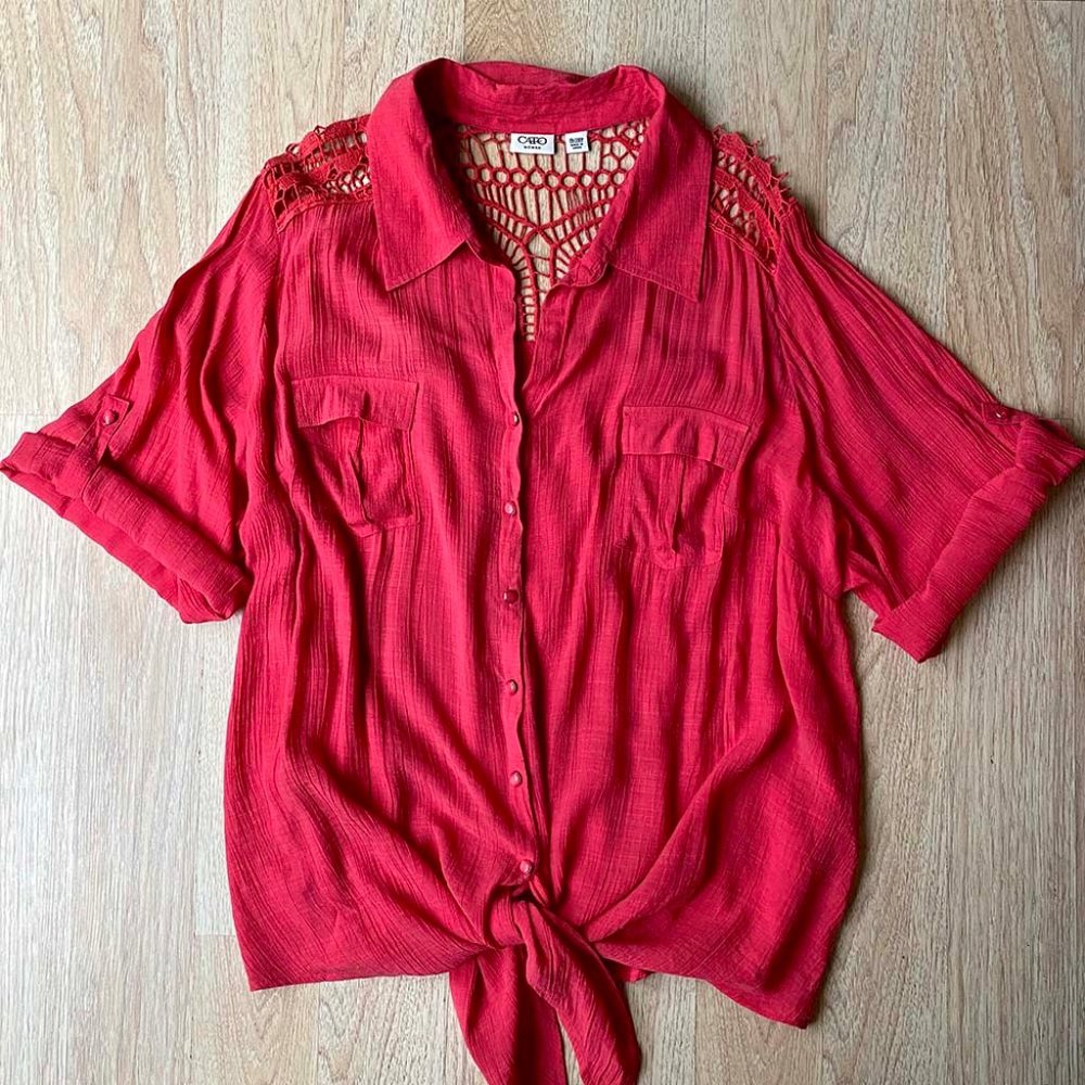 CATO Tie Front Gauze Top Lace Coral Pink 26/28